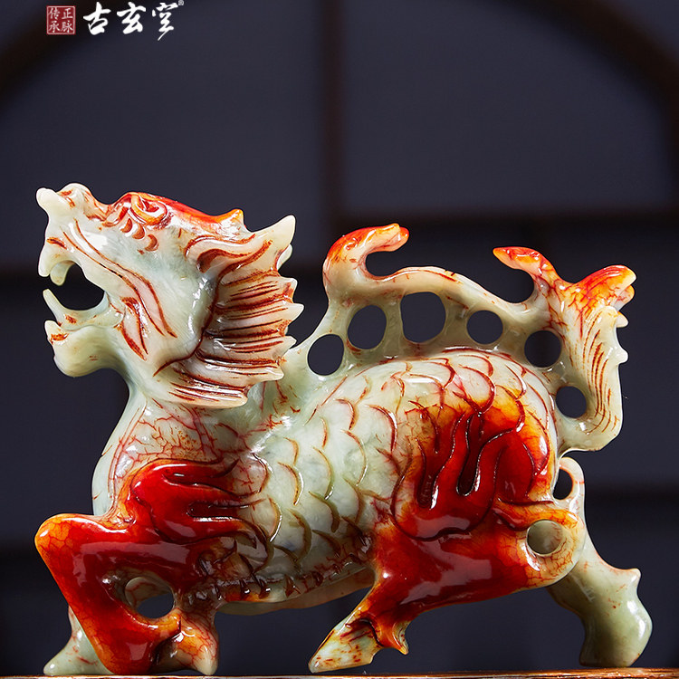 2026古玄空岫玉麒麟背如意家居精品摆件玄关工艺品书房客厅用一对