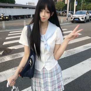 夏季 原创JK学院风兔耳显瘦衬衫 短袖 薄款 女百褶裙甜美海军上衣 修身