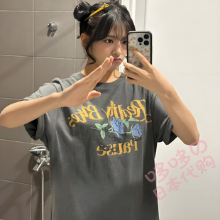 日本代购女装安宥真同款短袖T恤女性の半袖です玫瑰花印花上衣Tee