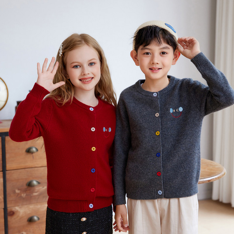 【100%羊毛】秋冬儿童纯羊毛开衫男童圆领女童毛衣外套笑脸针织绒