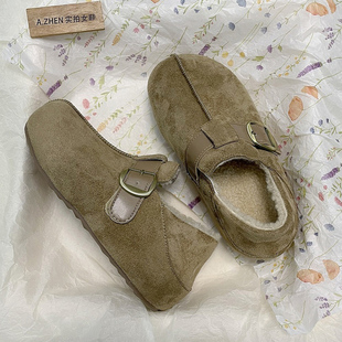 加绒勃肯鞋 内增高牛筋底雪地靴复古魔术贴防滑懒人一脚蹬 女棉鞋