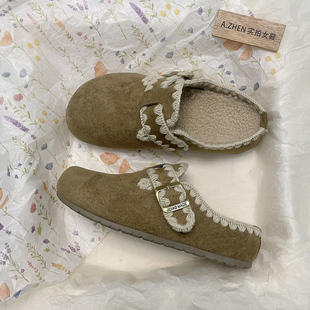 羊羔毛 刺绣花边半拖女鞋 加绒勃肯鞋 女外穿一脚蹬厚底内增高懒人鞋