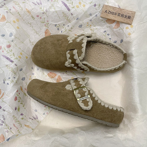 半拖鞋包头女加绒一脚蹬勃肯鞋
