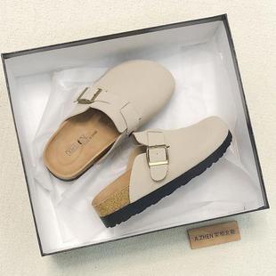 女松糕底百搭复古一脚蹬 磨砂平底包头拖鞋 厚底勃肯鞋 软底春夏新款