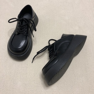 厚底防滑软底松糕底休闲鞋女外穿复古纯黑学生深口原宿系带防水台