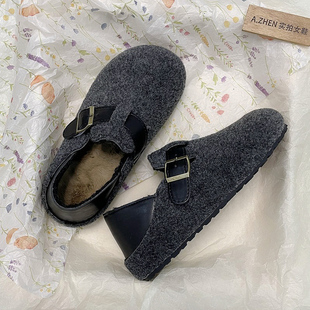 内增高两穿全包棉鞋 羊毛毡勃肯鞋 女加绒保暖全包懒人软底防滑棉鞋