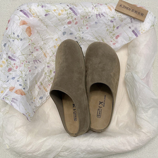 复古森系厚底勃肯鞋 女外穿懒人一脚蹬牛筋底内增高简约 包头半拖鞋