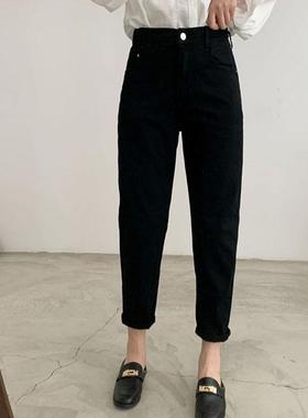 大码黑色牛仔裤女哈伦老爹裤萝卜胖妹妹mm复古宽松显瘦简约小脚裤