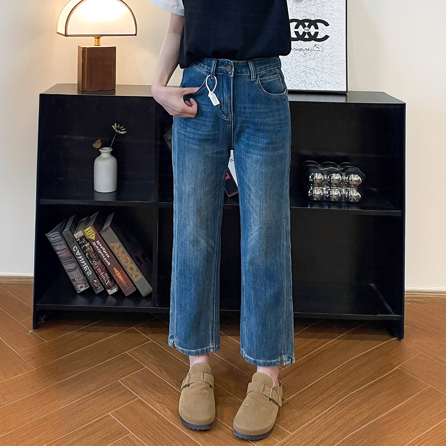 2025新款直筒分叉牛仔裤女微胖妹妹MM梨型身材宽松高腰显瘦阔腿裤