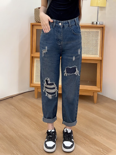破洞哈伦老爹牛仔裤女