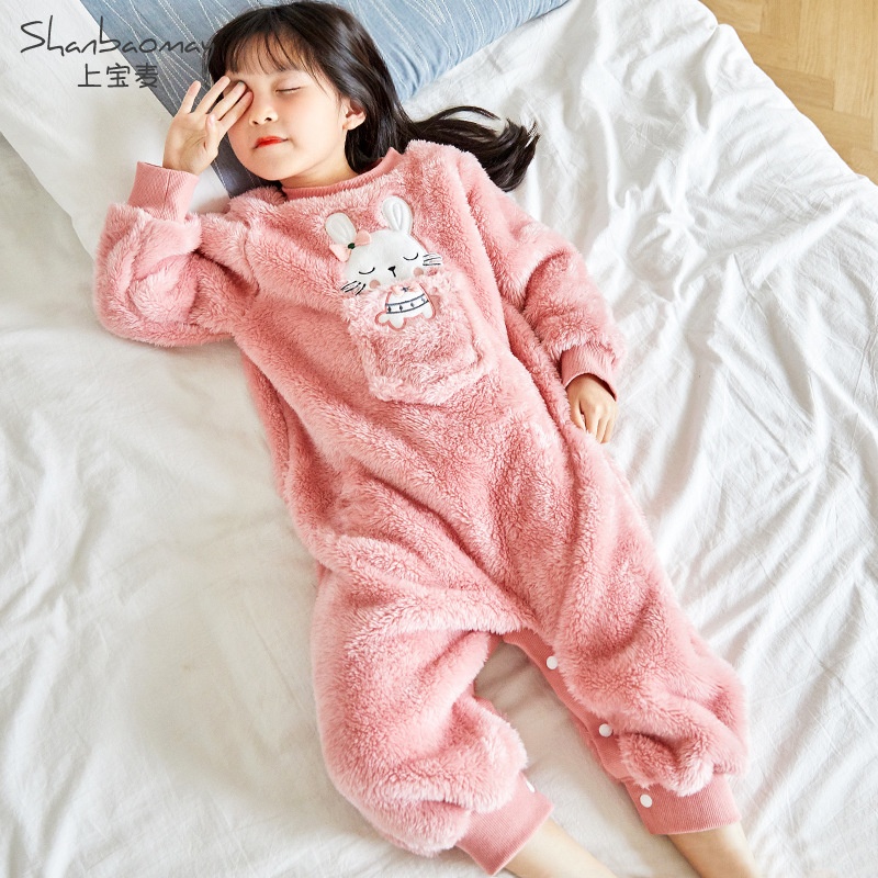 上宝麦秋冬儿童睡衣连体女童法兰绒长毛绒宝宝睡衣珊瑚绒保暖加厚