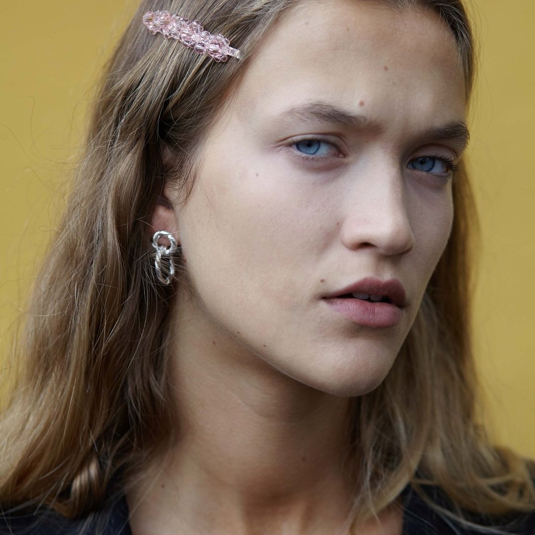 欧单 粉色仿水晶石四联花朵金色金属发夹边夹侧夹碎发刘海夹 一卡