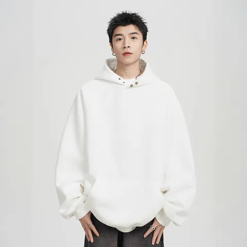 休闲连帽百搭卫衣纽扣宽松纯色春秋款男潮牌外套美式帽衫重磅500G