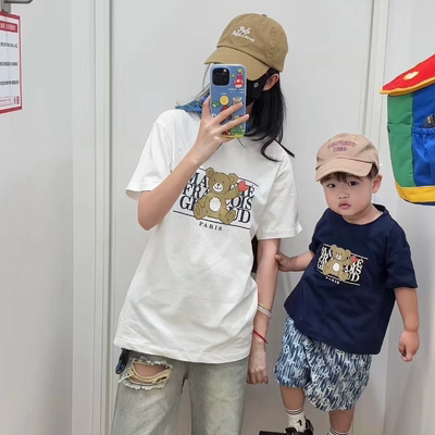 韩国儿童短袖潮牌marithe小熊印花纯棉t恤夏季亲子装男女童装上衣