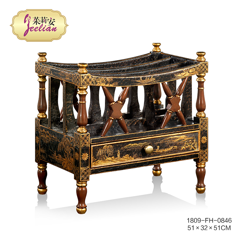 茱莉安法式中国风实木布裂书报架欧式复古带抽屉落地杂志架