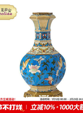 茱莉安法式艺术西域风情蓝色手绘陶瓷配铜花器客厅桌面摆件花瓶