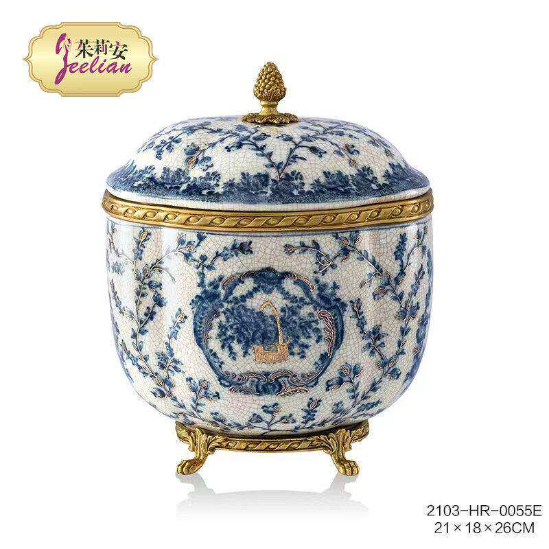 茱莉安法式中国风陶瓷镶铜茶几盖盒欧式复古装饰品储物罐摆件