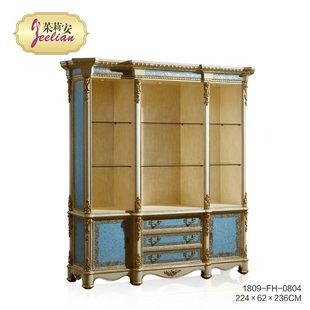 饰书柜 复古实木雕刻贴金箔手绘蓝色玻璃多层隔板装 茱莉安法式 欧式