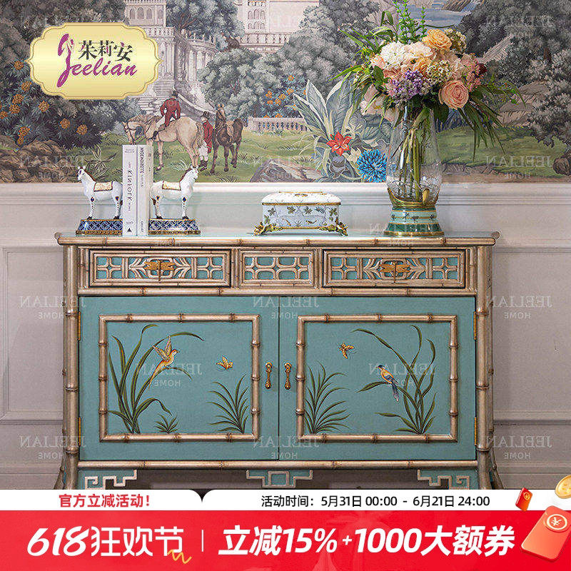 茱莉安法式复古青色手绘花鸟画双门玄关斗柜美式乡村实木餐边柜