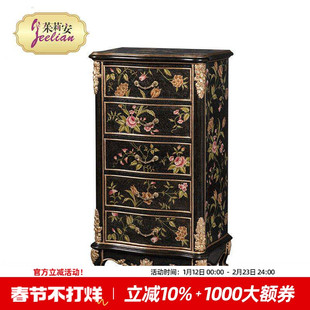 茱莉安法式重工奢华实木复古黑金色卧室雾里玫瑰系列彩绘五斗柜