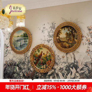 茱莉安法式艺术彩绘三联副花鸟景象壁画别墅客厅背景墙装饰挂画