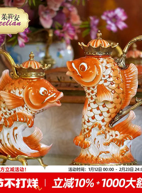 茱莉安法式奢华陶瓷彩绘艺术橙色锦鲤造型装饰别墅桌面工艺品摆件