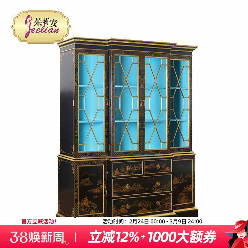 茱莉安法式中国风实木艺术手绘风景描金书柜新古典别墅客厅酒柜