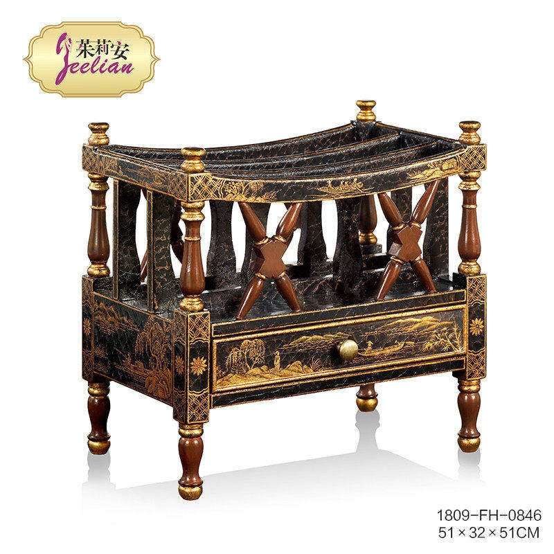 茱莉安法式中国风实木布裂书报架欧式复古带抽屉落地杂志架