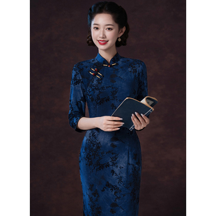 中袖旗袍弹力女妈妈2025年新款春秋日常花色七分袖长款中年新中式