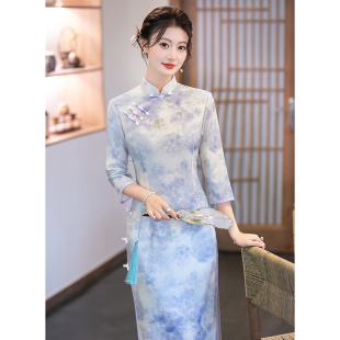 紫色年轻款中袖旗袍高档少女长款2026年新款轻国风秋走秀妈妈改良