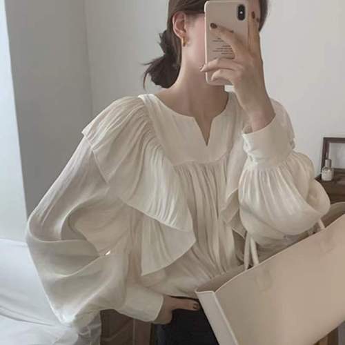 Korean chic design sense of minority temperament Ruffle pleated shirt women's spring new super fairy bubble sleeve top