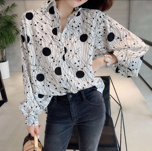 Shirt women's Autumn New Retro Hong Kong printed shirt loose lazy style long sleeve top bottomed shirt