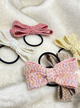 精致小巧的温柔小香格子毛呢纹复古红色的蝴蝶结皮筋头花发绳发饰