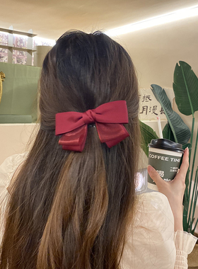 韩系温柔小姐姐百搭法式黑色酒红色的蝴蝶结弹簧夹鸭嘴夹发卡顶夹