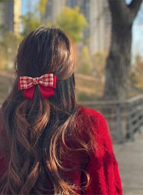 韩系温柔小姐姐法式格子纹复古红色的蝴蝶结弹簧夹鸭嘴夹发卡顶夹