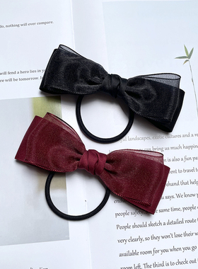 原创黑色小香风简约双层韩国棉带珍珠泡泡纱蝴蝶结发圈绳皮筋头花