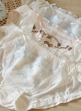私物~甜美日系冰丝少女内裤刺绣花朵蕾丝荷叶花边低腰三角裤1122A