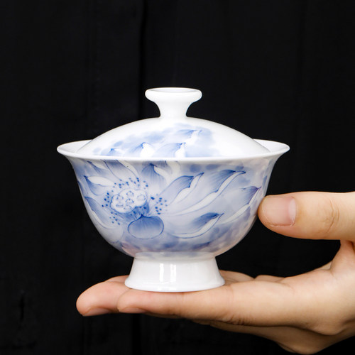 向行陶瓷复古荷花纯手绘泡茶二才盖碗敬茶碗定制礼品高档精致白瓷