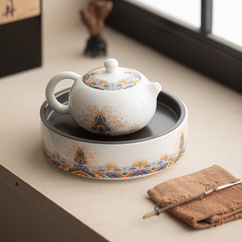 向行羊脂玉瓷海水江崖石瓢壶盖碗陶瓷泡茶壶复古白瓷西施单壶茶杯