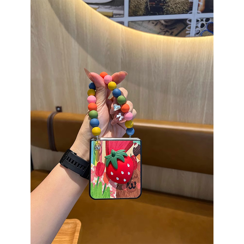 油画彩绘珠子链条适用华为P50pocket手机壳彩虹圆珠宝盒折叠屏pocket2新款草莓立体高级手提腕带Pocket S少女