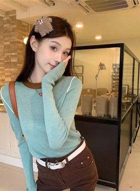 撞色高弹力针织衫T恤秋冬内搭高级设计感显瘦拼接长袖打底衫上衣