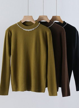 软糯针织 无门襟 圆领 内搭外穿 钉珠设计 针织上衣 宽松显瘦百搭