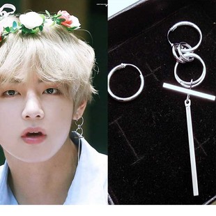bts金泰亨防弹少年团v同款不对称耳圈银简约长款耳钉耳环耳饰