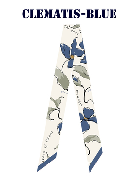 设计师手绘花卉系列蓝色铁线莲飘带丝带小清新长条窄丝巾发带绑包