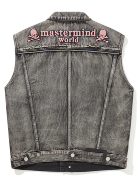 Mastermind World宽松黑色重水洗白牛仔背心立体刺绣抽带皮牌设计