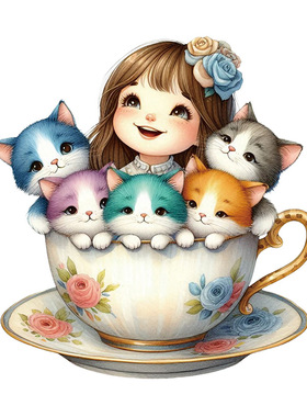 创意亚马逊新品CH33886卡通杯子猫咪墙贴温馨卧室床头背景装饰贴