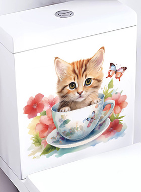 创意新品CH33615茶杯猫墙贴宠物店铺装饰浴室洗手间防水装饰贴