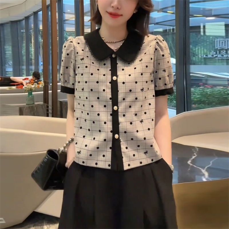 高端POLO领短袖T恤女2025夏季新款轻奢波点印花设计大码百搭上衣