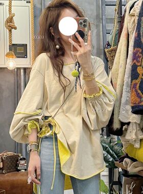 韩国东大门春季新款韩系别致慵懒双色毛边开叉卫衣简约百搭上衣女