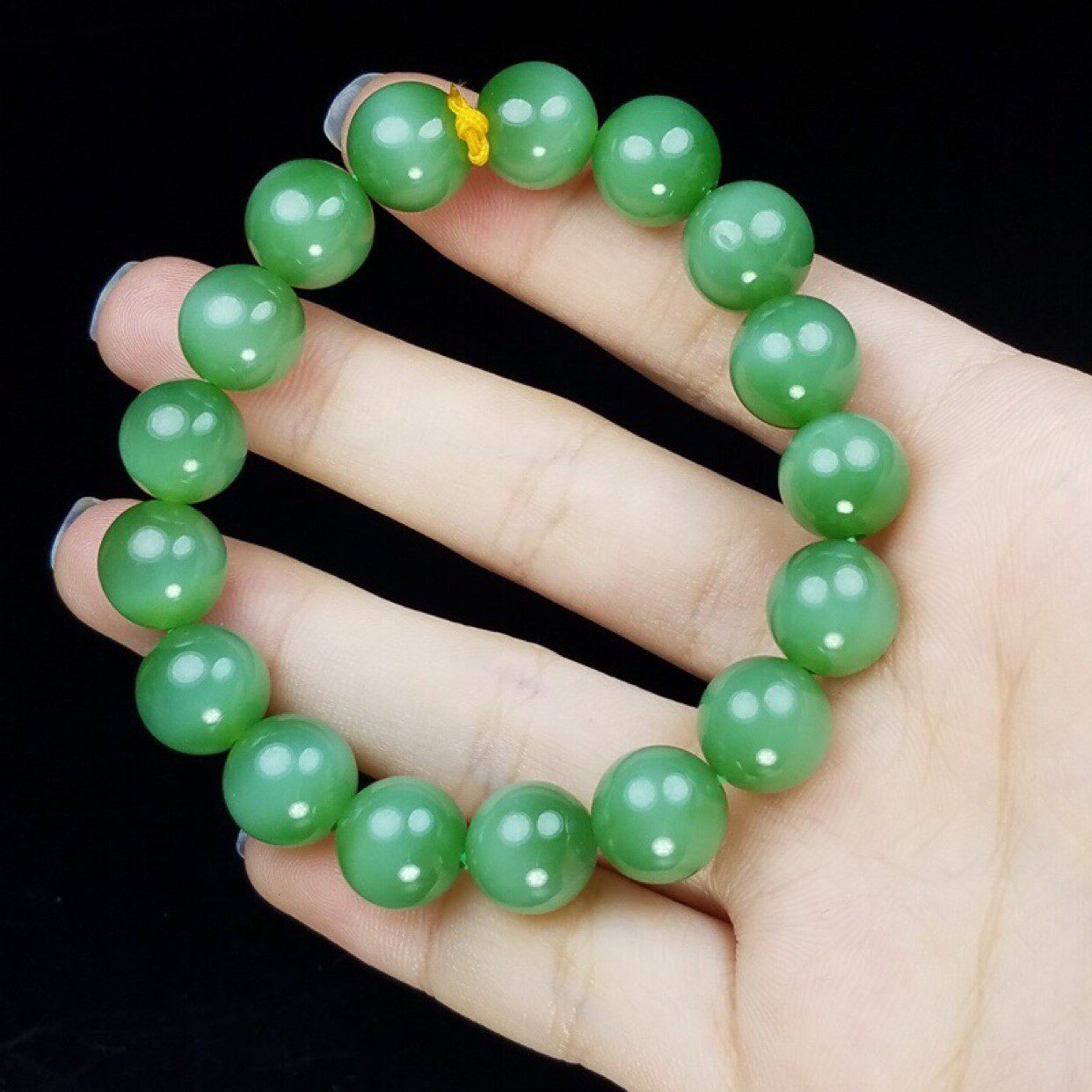 新款纯天然俄料和田玉粉青 猫眼圆珠手串11mm女款带证书 手链碧玉